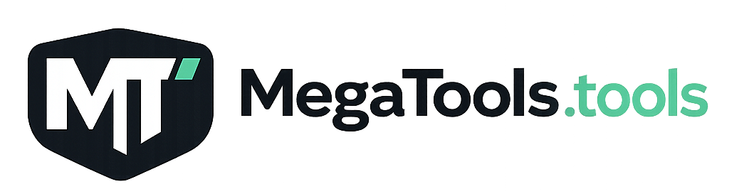 MegaTools.tools logo with a black MT monogram, white lettering, and mint green accent.