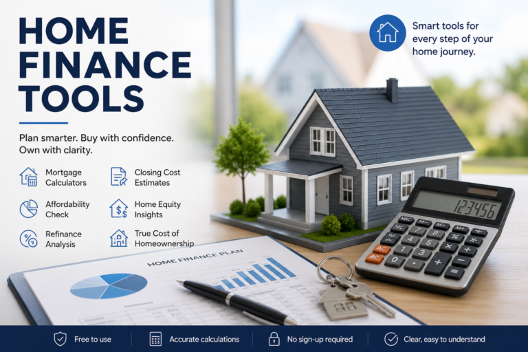 Home finance tools with a model house, calculator, keys, mortgage planning documents, and homeownership cost icons.