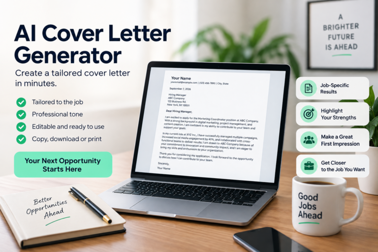 AI Cover Letter Generator showing a tailored cover letter on a laptop with job application tools and career-focused prompts.
