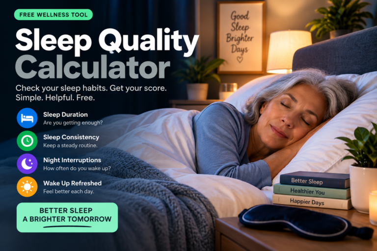 Sleep Quality Calculator showing a restful bedroom scene with sleep duration, consistency, night interruptions, and wake-up quality factors.