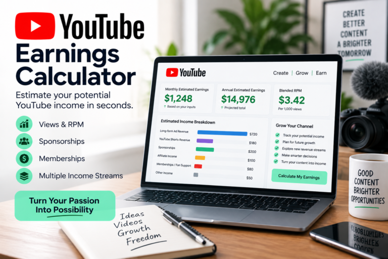 YouTube Earnings Calculator showing estimated monthly and annual creator revenue from views, RPM, sponsorships, memberships, and other income streams.